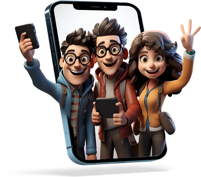 Three cartoon friends leaning out of a phone screen, one taking a selfie.
